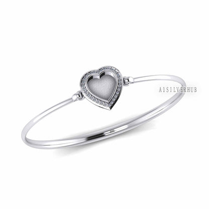 925 Sterling Solid Silver 10mm Heart CZ Setted Blank Bezel Bangle with hook clasp, Good for Resin & Ashes Work, Keepsake/Breastmilk DIY