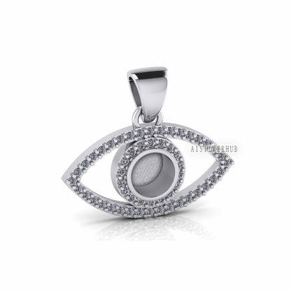 Evil Eye 5mm Round Blank Bezel Pendant Surrounded with CZ, 925 Sterling Silver Pendant, Good for Resin & Ashes Work, Keepsake Protection DIY