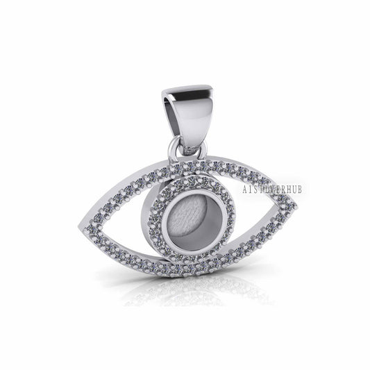 Evil Eye 5mm Round Blank Bezel Pendant Surrounded with CZ, 925 Sterling Silver Pendant, Good for Resin & Ashes Work, Keepsake Protection DIY
