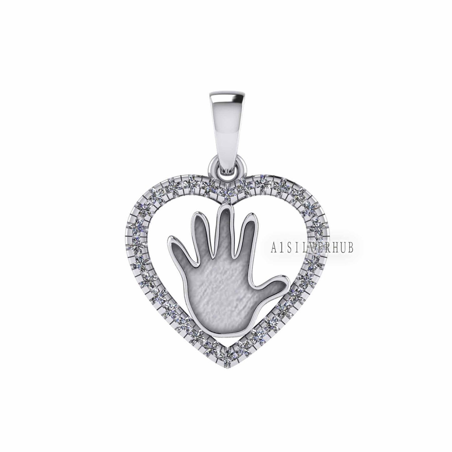 Heart with Zircon Setted Baby Palm Blank Bezel Pendant Settings, 925 Sterling Silver, Good for Resin Work, Breastmilk/Keepsake DIY, Locket
