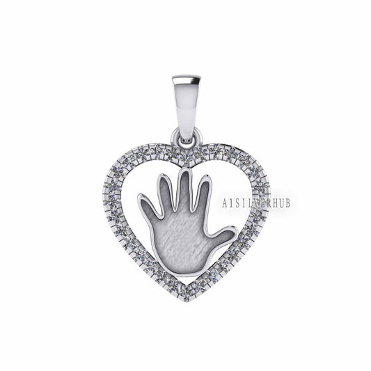 Heart with Zircon Setted Baby Palm Blank Bezel Pendant Settings, 925 Sterling Silver, Good for Resin Work, Breastmilk/Keepsake DIY, Locket