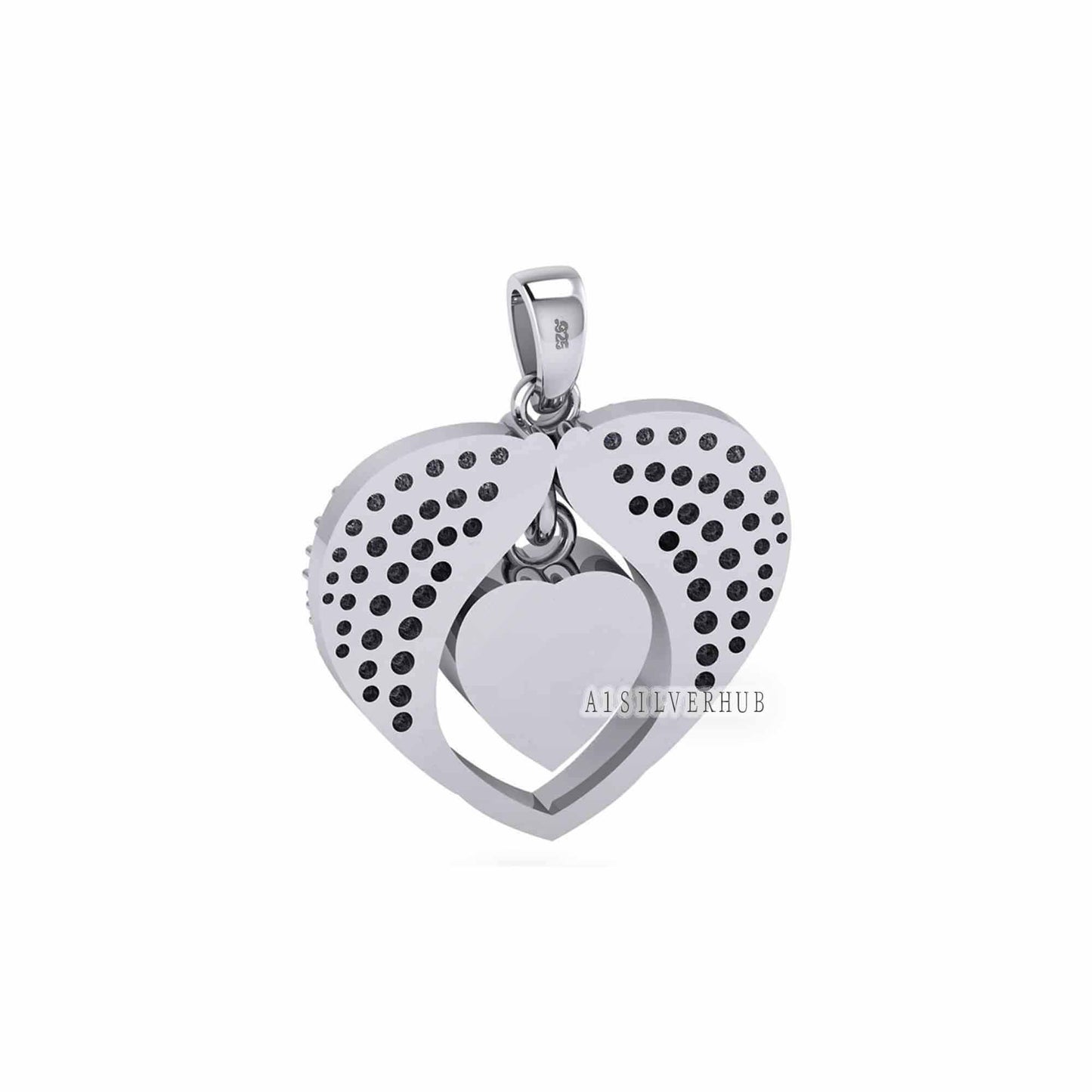 Angel Wings Zircon Setted with Heart Blank Bezel Pendant, 925 Sterling Silver, Good for Crush Opal, Resin & Ashes DIY Work, Keepsake Locket