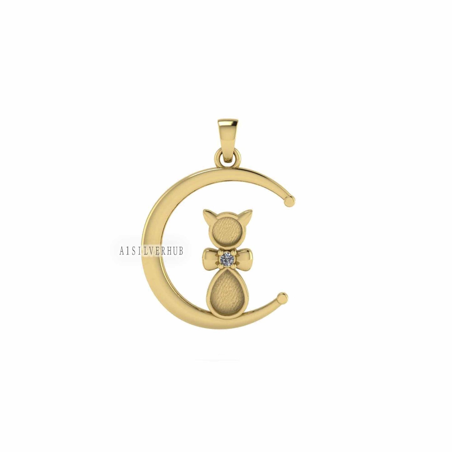 925 Sterling Solid Silver Cat on Crescent Moon Breastmilk/Keepsake Pendant Setting, Good for Resin & Ashes Work, Memorial Locket, DIY Crafts