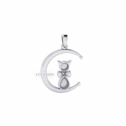 925 Sterling Solid Silver Cat on Crescent Moon Breastmilk/Keepsake Pendant Setting, Good for Resin & Ashes Work, Memorial Locket, DIY Crafts