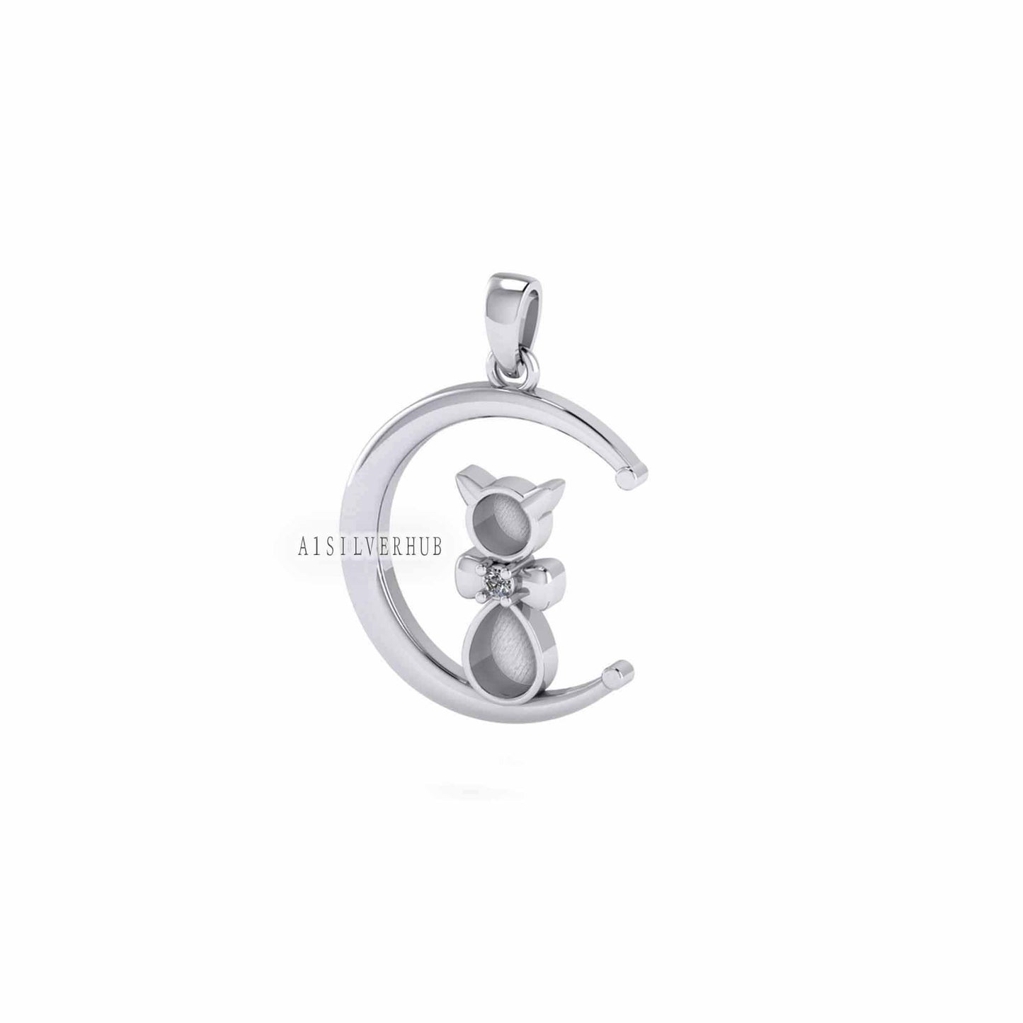 925 Sterling Solid Silver Cat on Crescent Moon Breastmilk/Keepsake Pendant Setting, Good for Resin & Ashes Work, Memorial Locket, DIY Crafts