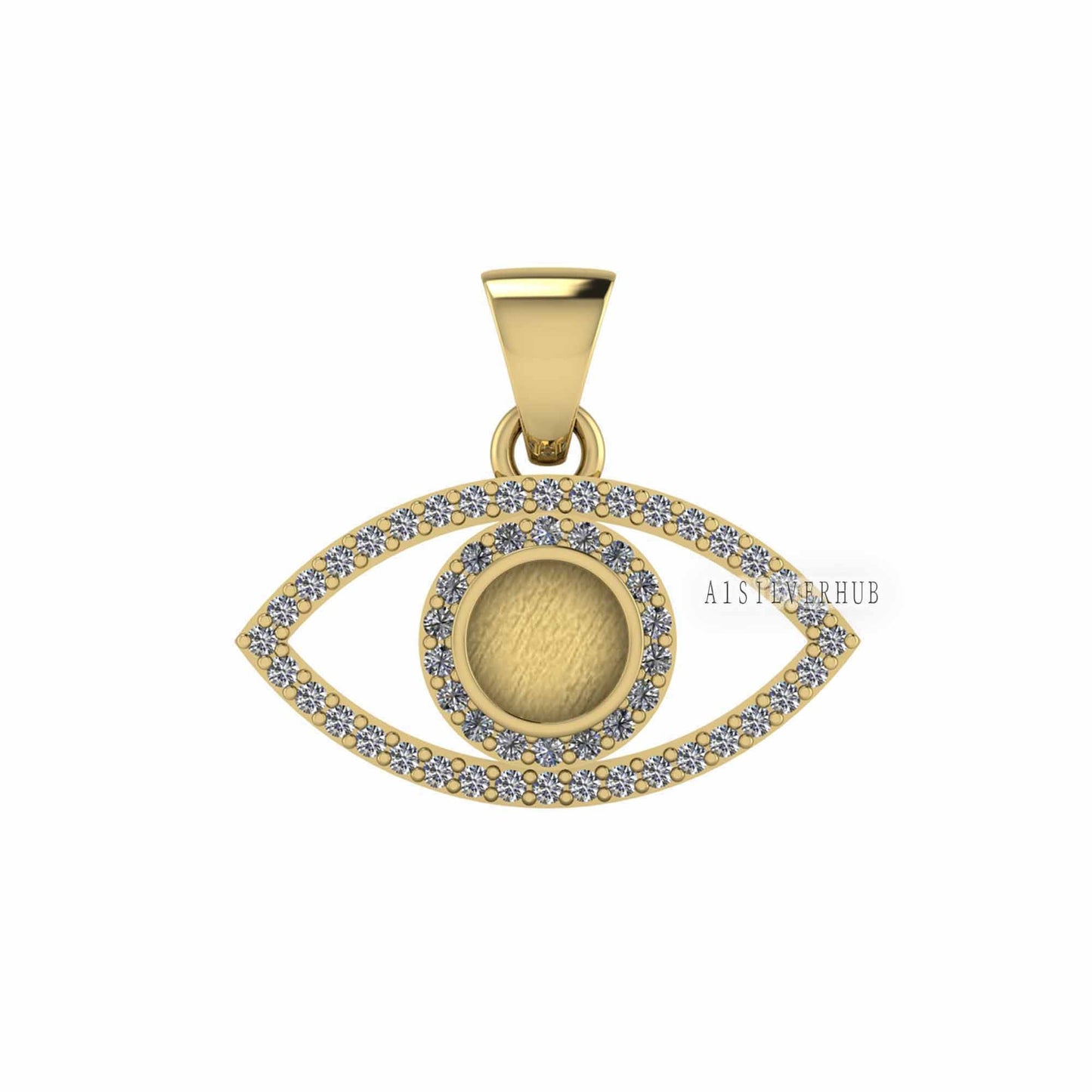 Evil Eye 5mm Round Blank Bezel Pendant Surrounded with CZ, 925 Sterling Silver Pendant, Good for Resin & Ashes Work, Keepsake Protection DIY