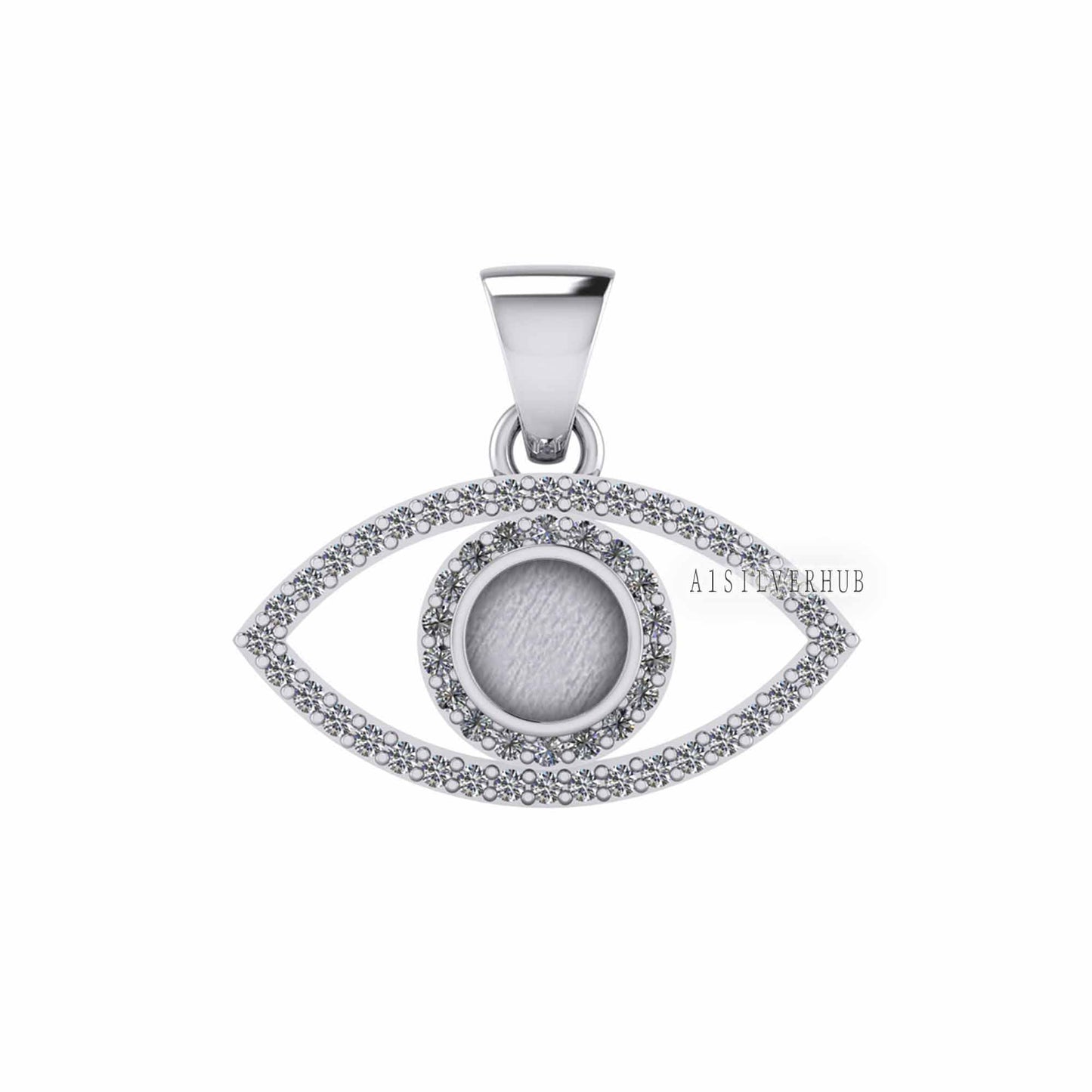 Evil Eye 5mm Round Blank Bezel Pendant Surrounded with CZ, 925 Sterling Silver Pendant, Good for Resin & Ashes Work, Keepsake Protection DIY