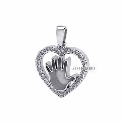 Heart with Zircon Setted Baby Palm Blank Bezel Pendant Settings, 925 Sterling Silver, Good for Resin Work, Breastmilk/Keepsake DIY, Locket