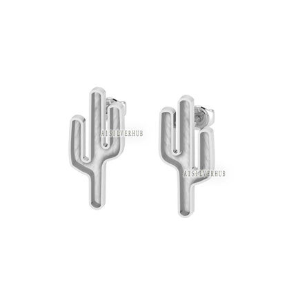 925 Sterling Silver Tiny Cactus Nature Inspired Blank Bezel Stud Earrings Settings, Good for Resin & Ashes Work, Keepsake DIY Jewelry Crafts