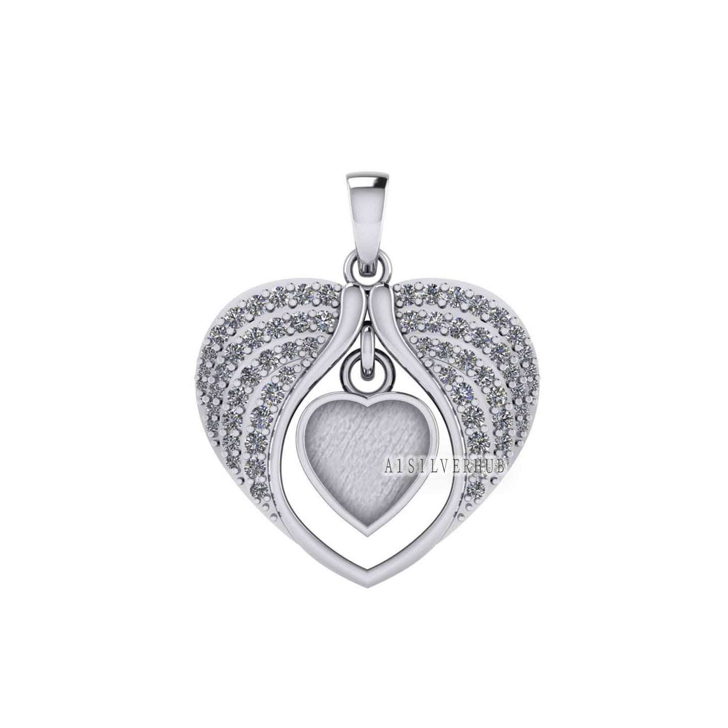 Angel Wings Zircon Setted with Heart Blank Bezel Pendant, 925 Sterling Silver, Good for Crush Opal, Resin & Ashes DIY Work, Keepsake Locket