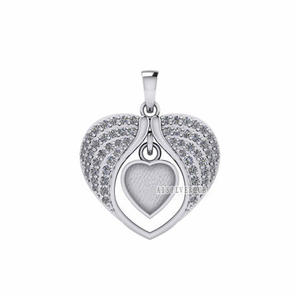 Angel Wings Zircon Setted with Heart Blank Bezel Pendant, 925 Sterling Silver, Good for Crush Opal, Resin & Ashes DIY Work, Keepsake Locket