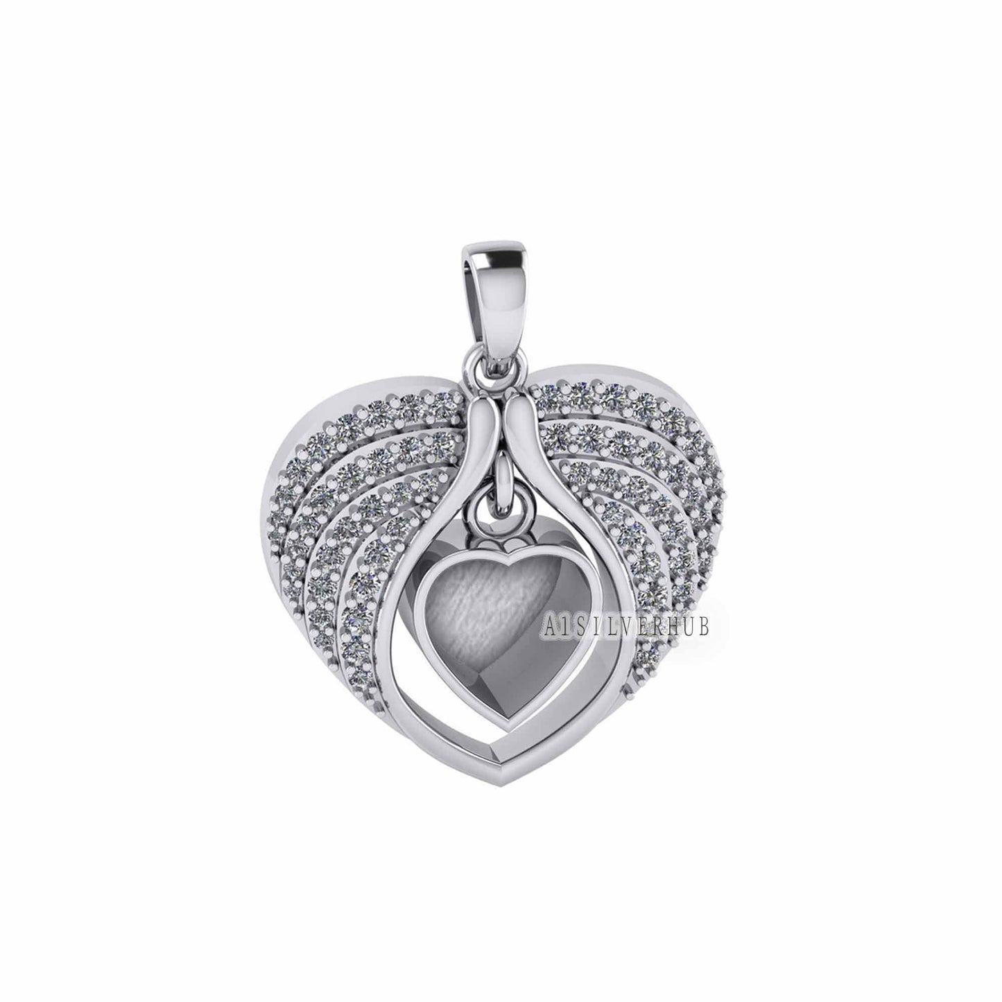 Angel Wings Zircon Setted with Heart Blank Bezel Pendant, 925 Sterling Silver, Good for Crush Opal, Resin & Ashes DIY Work, Keepsake Locket