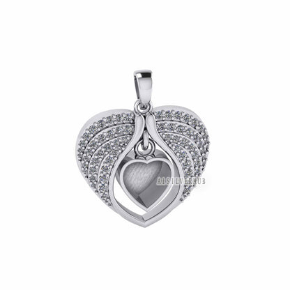Angel Wings Zircon Setted with Heart Blank Bezel Pendant, 925 Sterling Silver, Good for Crush Opal, Resin & Ashes DIY Work, Keepsake Locket