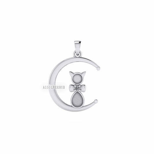 925 Sterling Solid Silver Cat on Crescent Moon Breastmilk/Keepsake Pendant Setting, Good for Resin & Ashes Work, Memorial Locket, DIY Crafts
