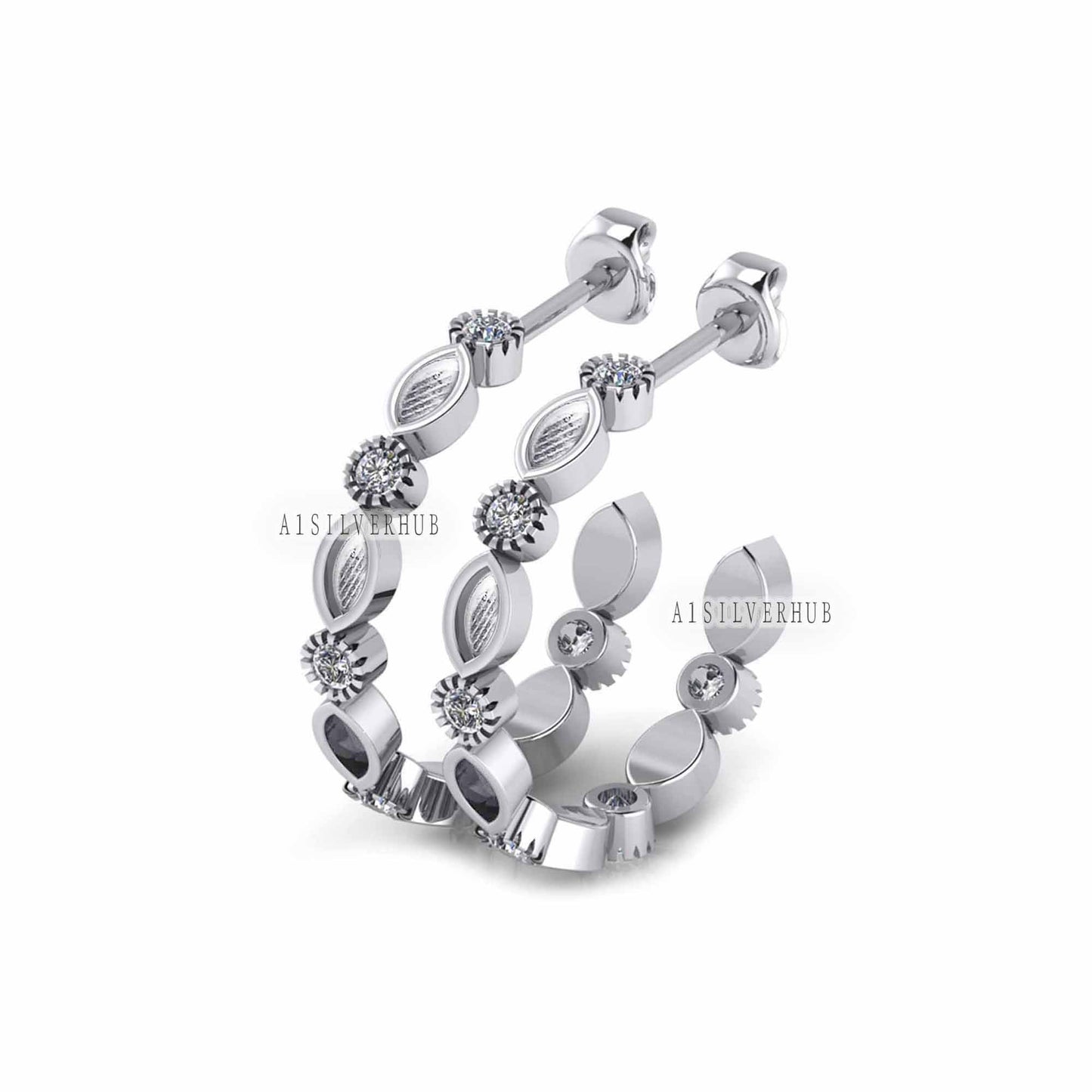 925 Sterling Solid Silver Marquise Blank Bezel with CZ Setted Eternity Hoop Earrings, Good for Resin & Ashes Keepsake/Breastmilk DIY Work