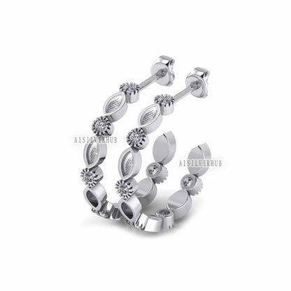 925 Sterling Solid Silver Marquise Blank Bezel with CZ Setted Eternity Hoop Earrings, Good for Resin & Ashes Keepsake/Breastmilk DIY Work