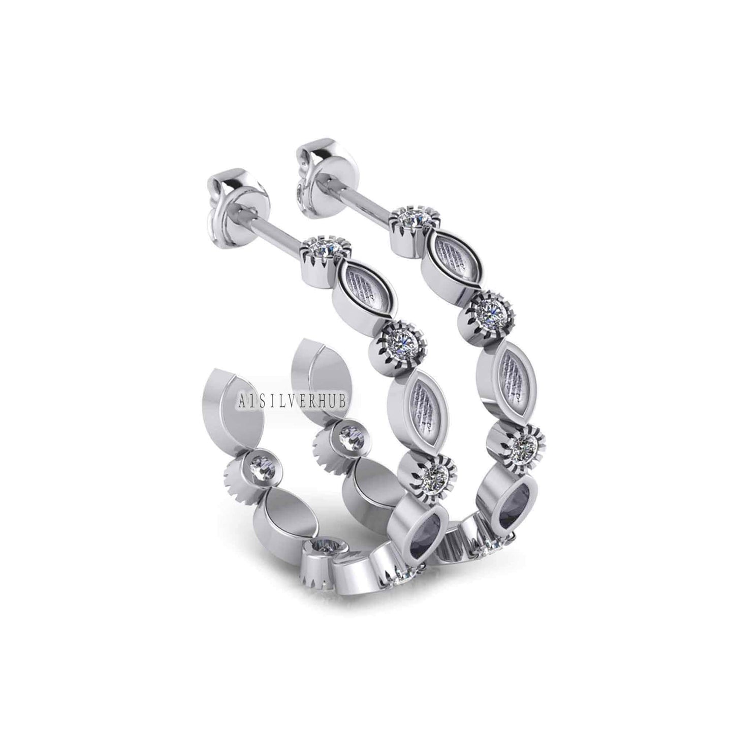 925 Sterling Solid Silver Marquise Blank Bezel with CZ Setted Eternity Hoop Earrings, Good for Resin & Ashes Keepsake/Breastmilk DIY Work