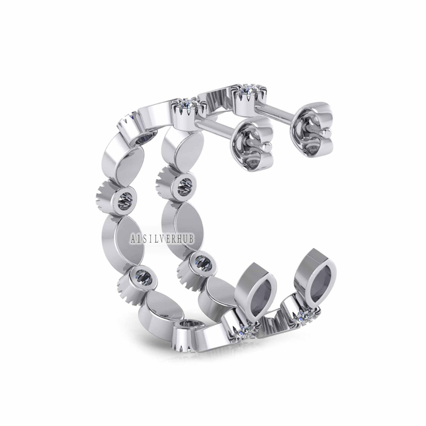 925 Sterling Solid Silver Marquise Blank Bezel with CZ Setted Eternity Hoop Earrings, Good for Resin & Ashes Keepsake/Breastmilk DIY Work