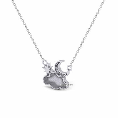 925 Sterling Silver Celestial Cloud Blank Bezel with Moon Star Necklace, Good for Resin & Ashes Work, Keepsake/Breastmilk DIY 16''+2'' Chain