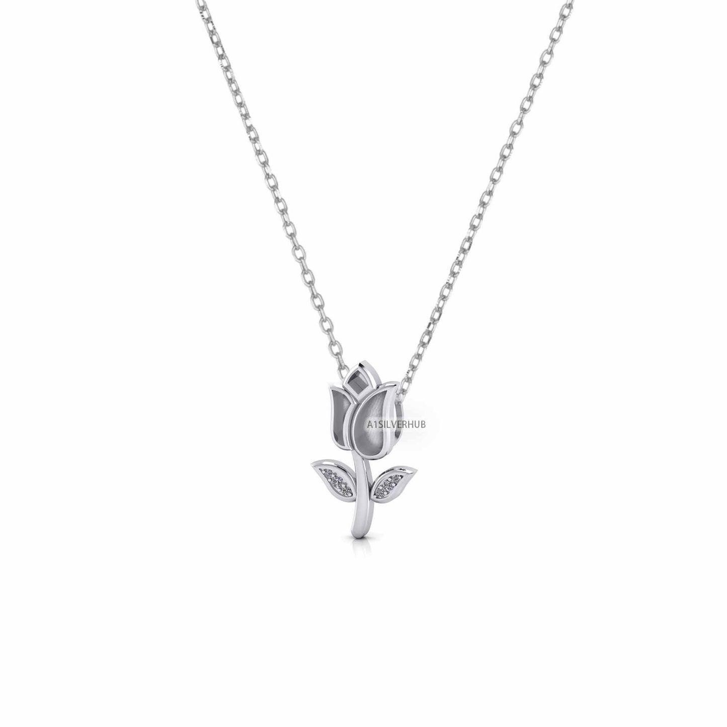 925 Sterling Silver Tulip Flower Blank Bezel CZ Set Leaf Floral Necklace, Good for Resin & Ashes Work,Keepsake/Breastmilk DIY 16''+2'' Chain