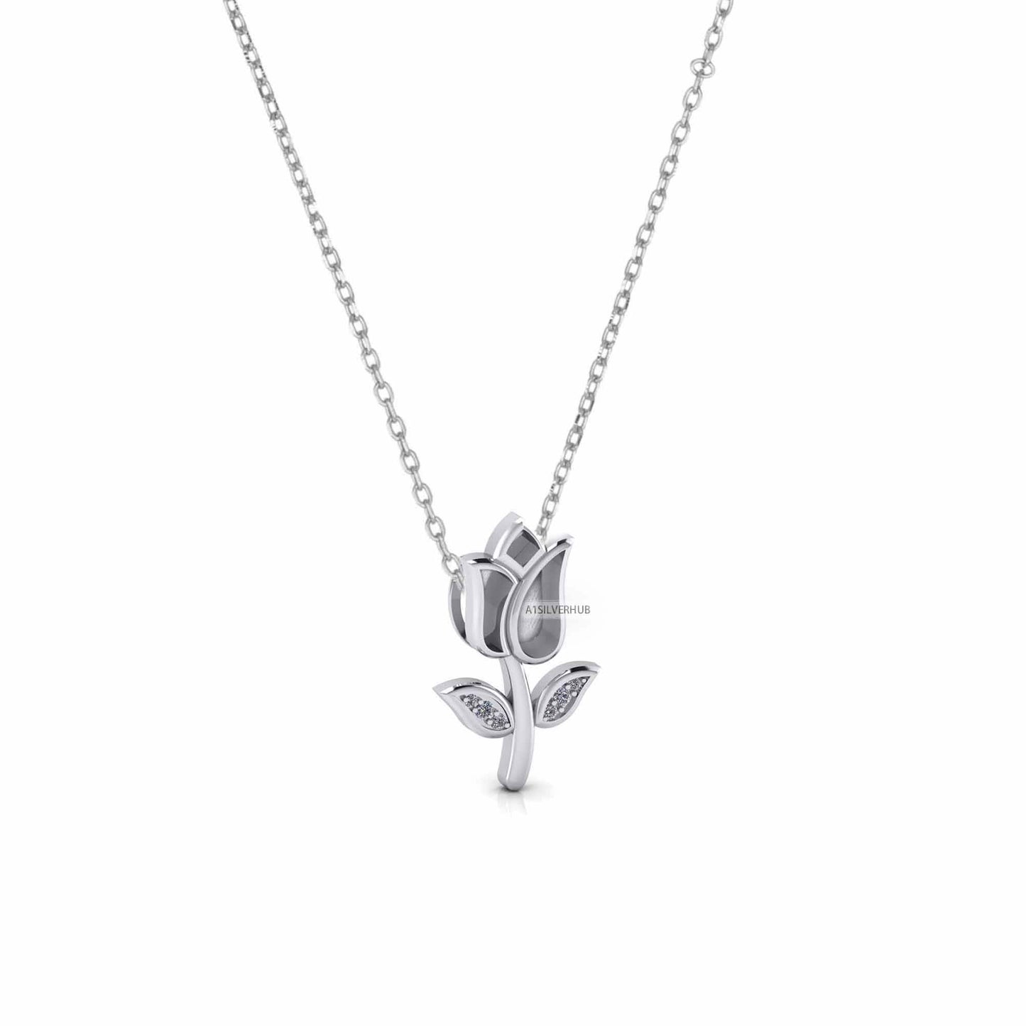 925 Sterling Silver Tulip Flower Blank Bezel CZ Set Leaf Floral Necklace, Good for Resin & Ashes Work,Keepsake/Breastmilk DIY 16''+2'' Chain