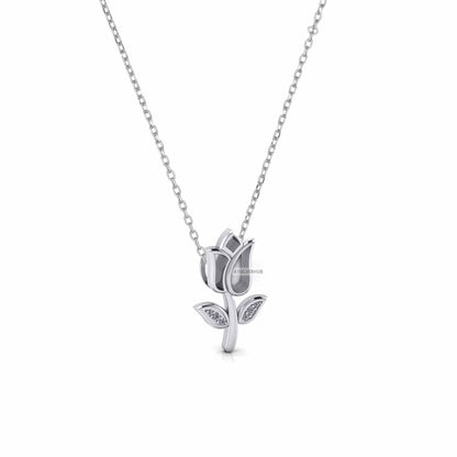 925 Sterling Silver Tulip Flower Blank Bezel CZ Set Leaf Floral Necklace, Good for Resin & Ashes Work,Keepsake/Breastmilk DIY 16''+2'' Chain