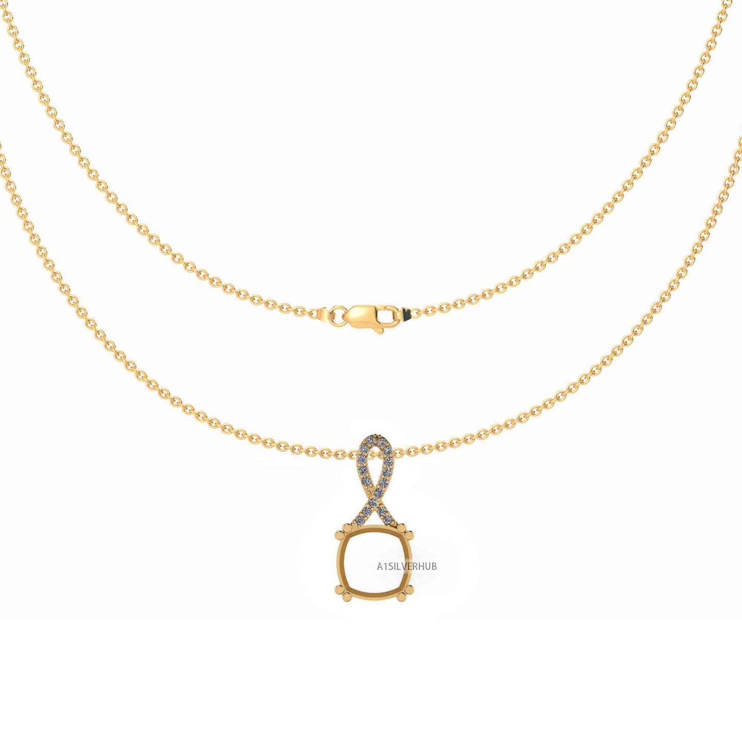925 Sterling Silver Ribbon Designer Cushion 10x10mm Blank Prong Set Pendant Necklace, Good for Gemstone & CZ Work, DIY Crafts 16''+2'' Chain