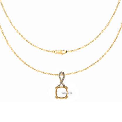 925 Sterling Silver Ribbon Designer Cushion 10x10mm Blank Prong Set Pendant Necklace, Good for Gemstone & CZ Work, DIY Crafts 16''+2'' Chain