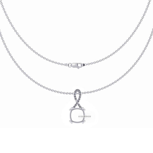925 Sterling Silver Ribbon Designer Cushion 10x10mm Blank Prong Set Pendant Necklace, Good for Gemstone & CZ Work, DIY Crafts 16''+2'' Chain