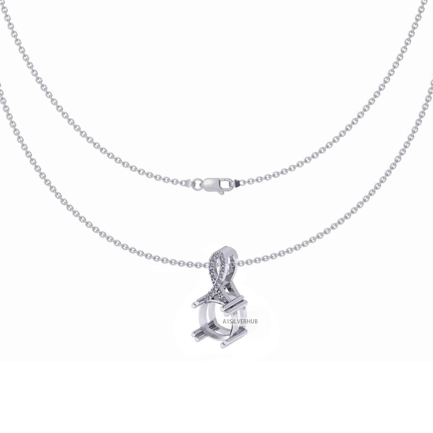 925 Sterling Silver Ribbon Designer Cushion 10x10mm Blank Prong Set Pendant Necklace, Good for Gemstone & CZ Work, DIY Crafts 16''+2'' Chain