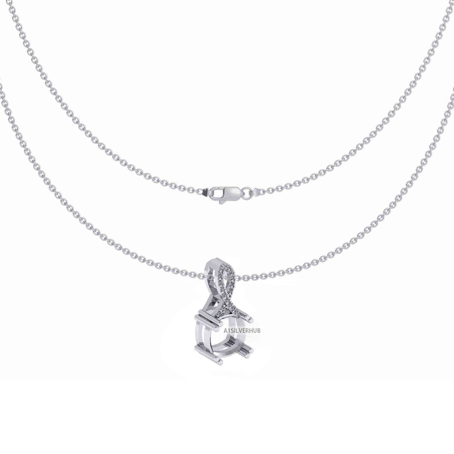925 Sterling Silver Ribbon Designer Cushion 10x10mm Blank Prong Set Pendant Necklace, Good for Gemstone & CZ Work, DIY Crafts 16''+2'' Chain
