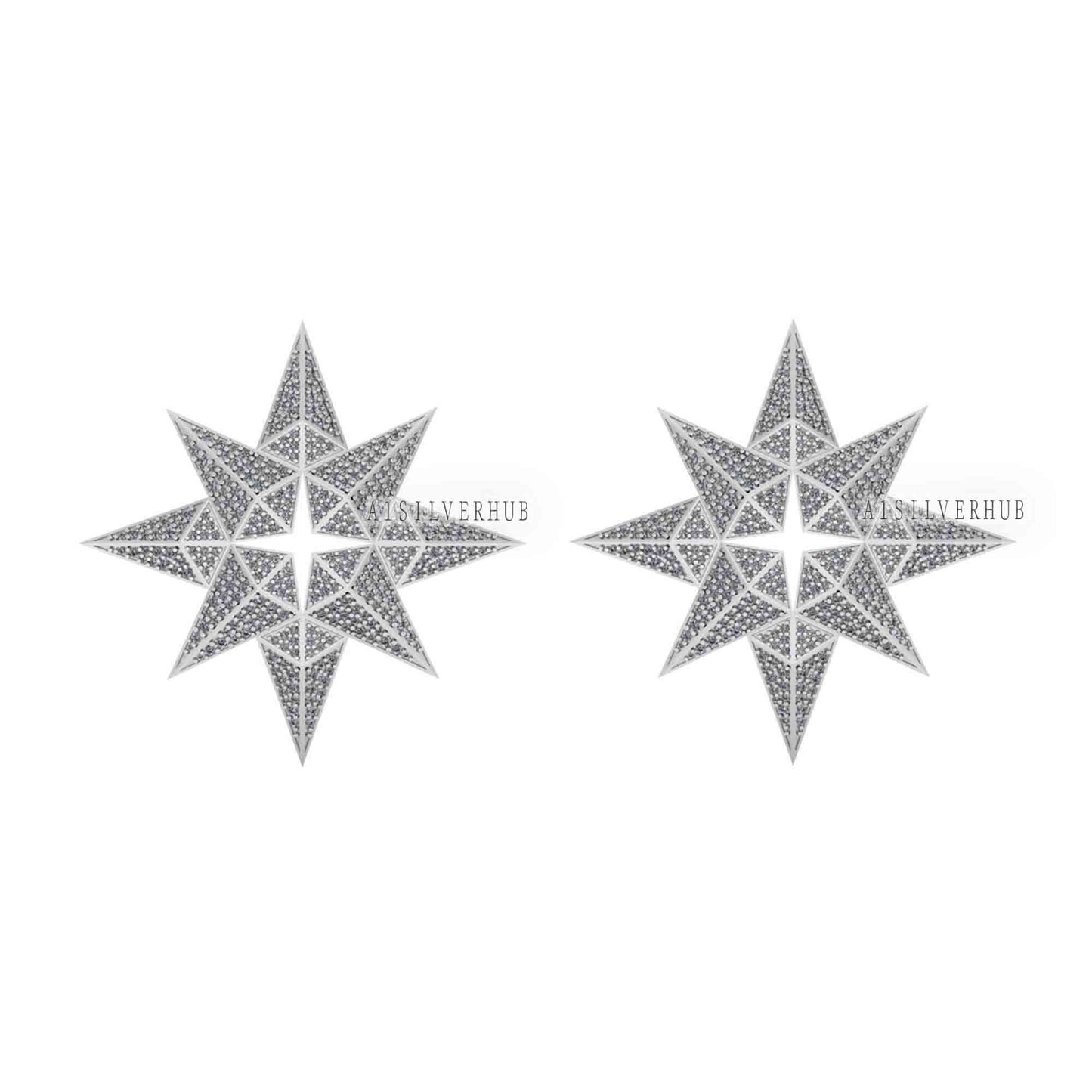 925 Sterling Solid Silver Unique Pole Star Design with Fully Cubic Zircon Setted Big Studs, Earrings for Women, Gifts for Wife or Girlfriend