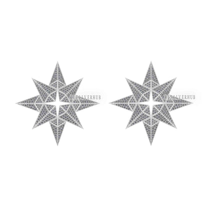 925 Sterling Solid Silver Unique Pole Star Design with Fully Cubic Zircon Setted Big Studs, Earrings for Women, Gifts for Wife or Girlfriend