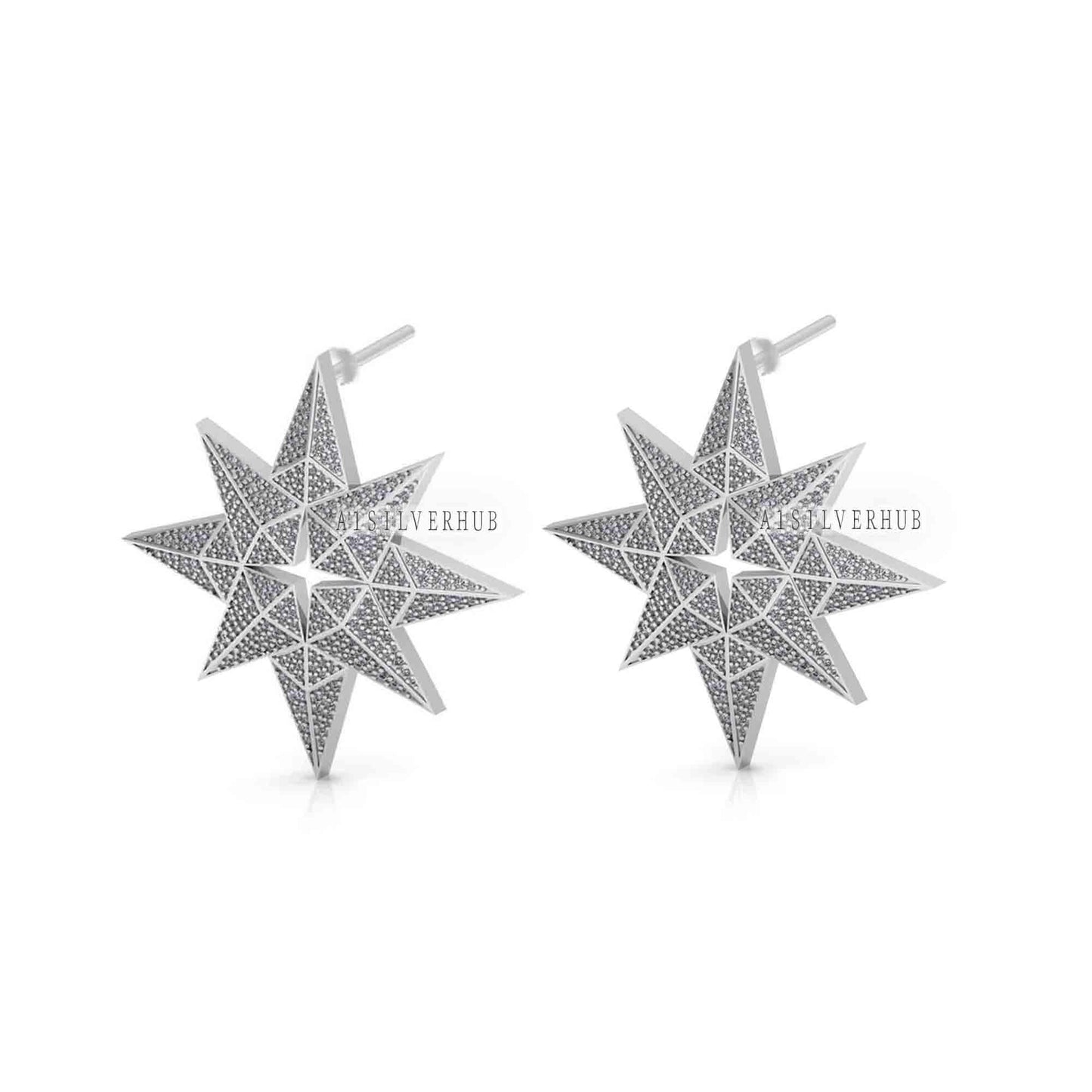 925 Sterling Solid Silver Unique Pole Star Design with Fully Cubic Zircon Setted Big Studs, Earrings for Women, Gifts for Wife or Girlfriend