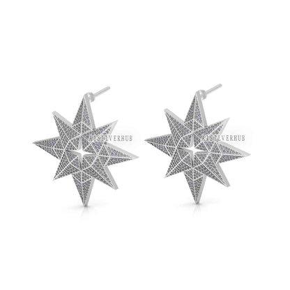 925 Sterling Solid Silver Unique Pole Star Design with Fully Cubic Zircon Setted Big Studs, Earrings for Women, Gifts for Wife or Girlfriend