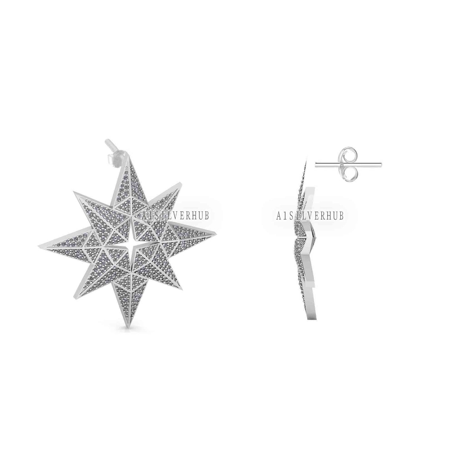 925 Sterling Solid Silver Unique Pole Star Design with Fully Cubic Zircon Setted Big Studs, Earrings for Women, Gifts for Wife or Girlfriend