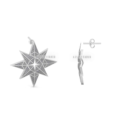 925 Sterling Solid Silver Unique Pole Star Design with Fully Cubic Zircon Setted Big Studs, Earrings for Women, Gifts for Wife or Girlfriend