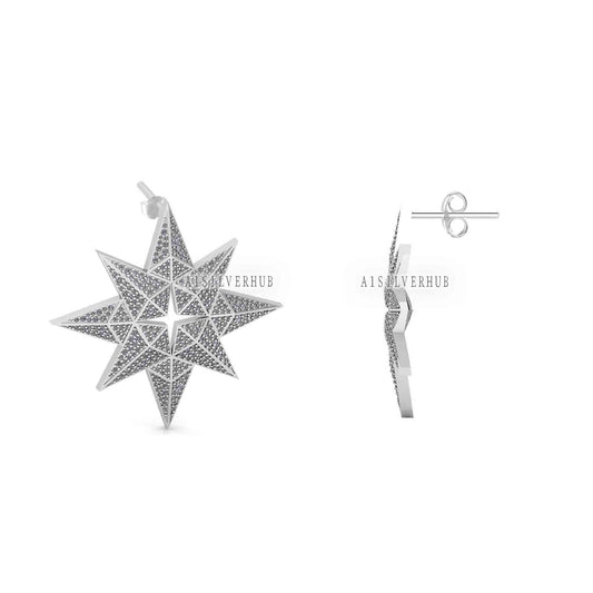 925 Sterling Solid Silver Unique Pole Star Design with Fully Cubic Zircon Setted Big Studs, Earrings for Women, Gifts for Wife or Girlfriend