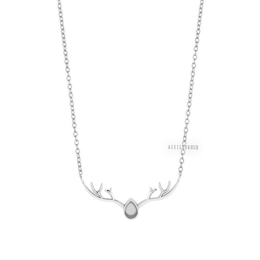 925 Sterling Solid Silver Stag Deer 7x5mm Pear Blank Bezel Chain Necklace, Good for Resin & Ashes Work, Keepsake/Breastmilk DIY, 16''+2''