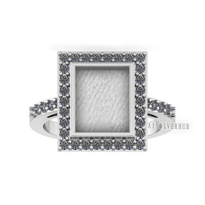 925 Sterling Solid Silver 8x10mm Rectangle Blank Bezel with Zircon Setted Ring, Good for Stone, Resin & Ashes, Keepsake/Breastmilk DIY Craft