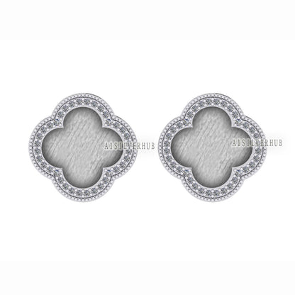 925 Sterling Silver 10x10mm Clover Shape Blank Bezel Stud Earring with Surrounded CZ Setted, Good for Resin & Ashes Work, Keepsake DIY Craft