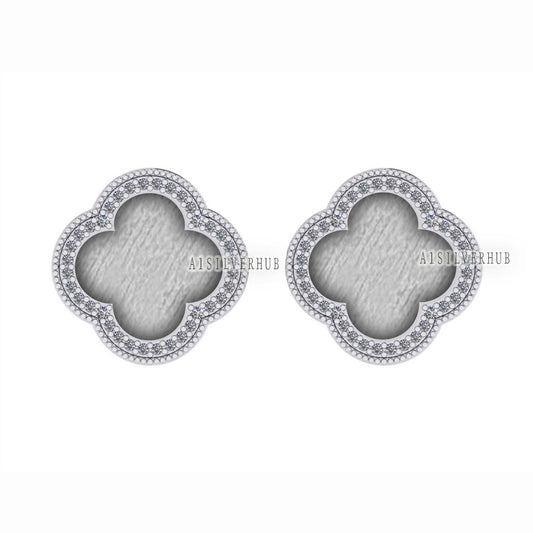 925 Sterling Silver 10x10mm Clover Shape Blank Bezel Stud Earring with Surrounded CZ Setted, Good for Resin & Ashes Work, Keepsake DIY Craft