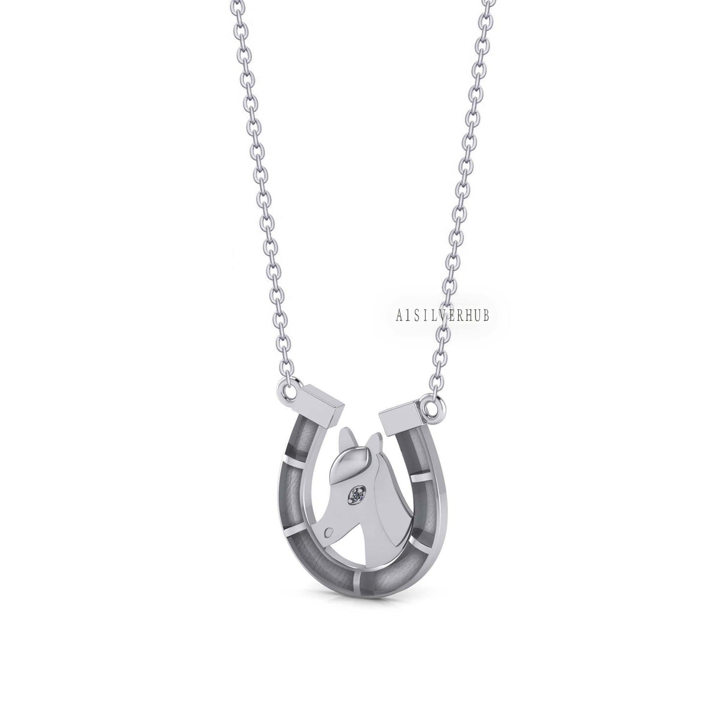 925 Sterling Silver Horse Face with Horseshoe Blank Bezel Necklace, Good for Resin & Ashes Work, Keepsake/Breastmilk DIY, 16''+2'' Chain