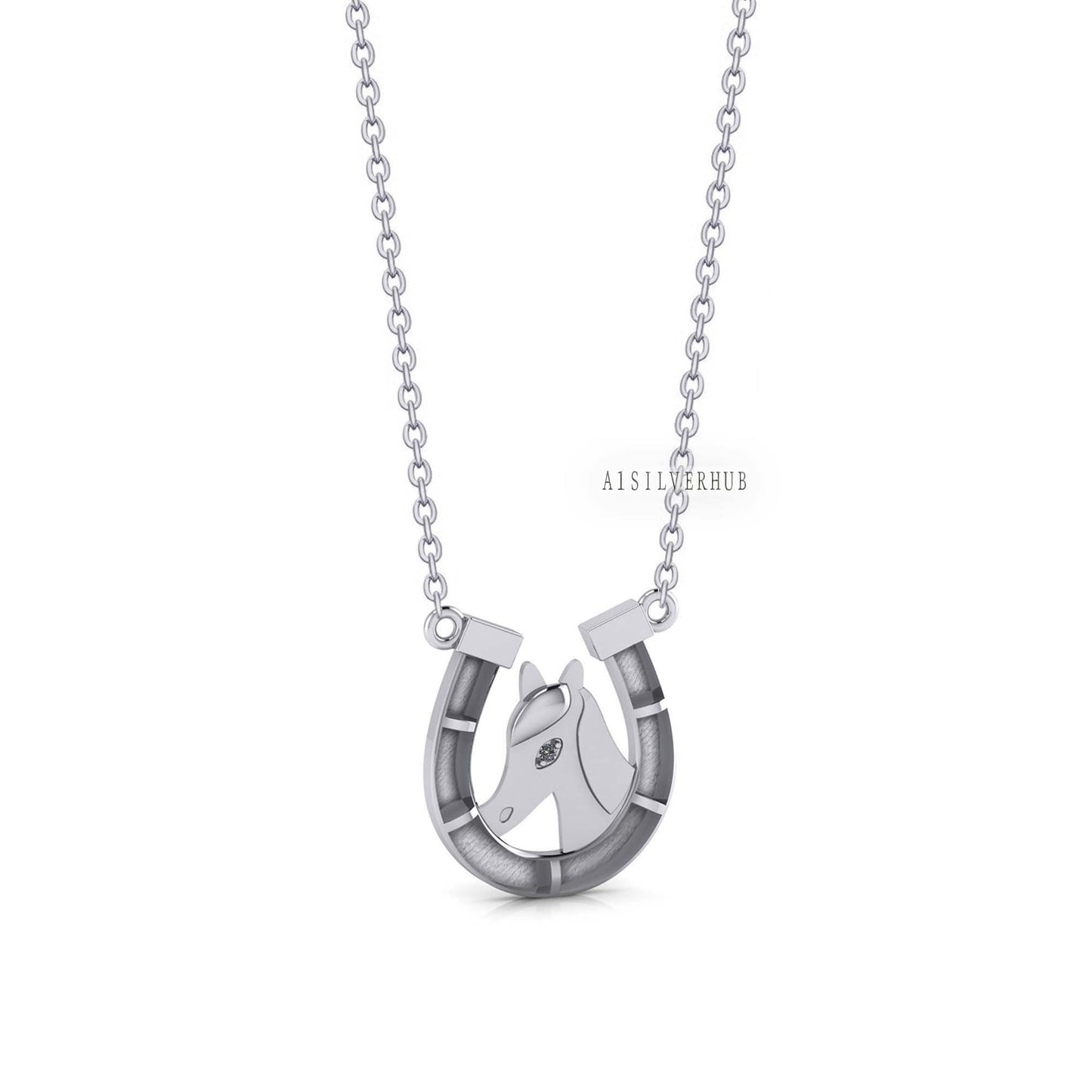 925 Sterling Silver Horse Face with Horseshoe Blank Bezel Necklace, Good for Resin & Ashes Work, Keepsake/Breastmilk DIY, 16''+2'' Chain
