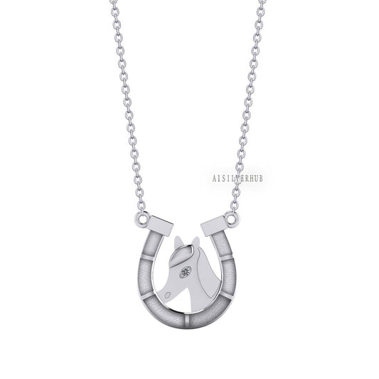 925 Sterling Silver Horse Face with Horseshoe Blank Bezel Necklace, Good for Resin & Ashes Work, Keepsake/Breastmilk DIY, 16''+2'' Chain