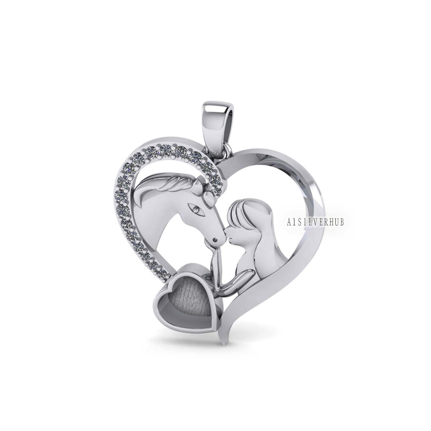 Luxury Girl with Horse Pendant for Women 6mm Blank Heart Zircon Setted, 925 Sterling Silver, Good for Resin & Ashes, Breastmilk/Keepsake DIY