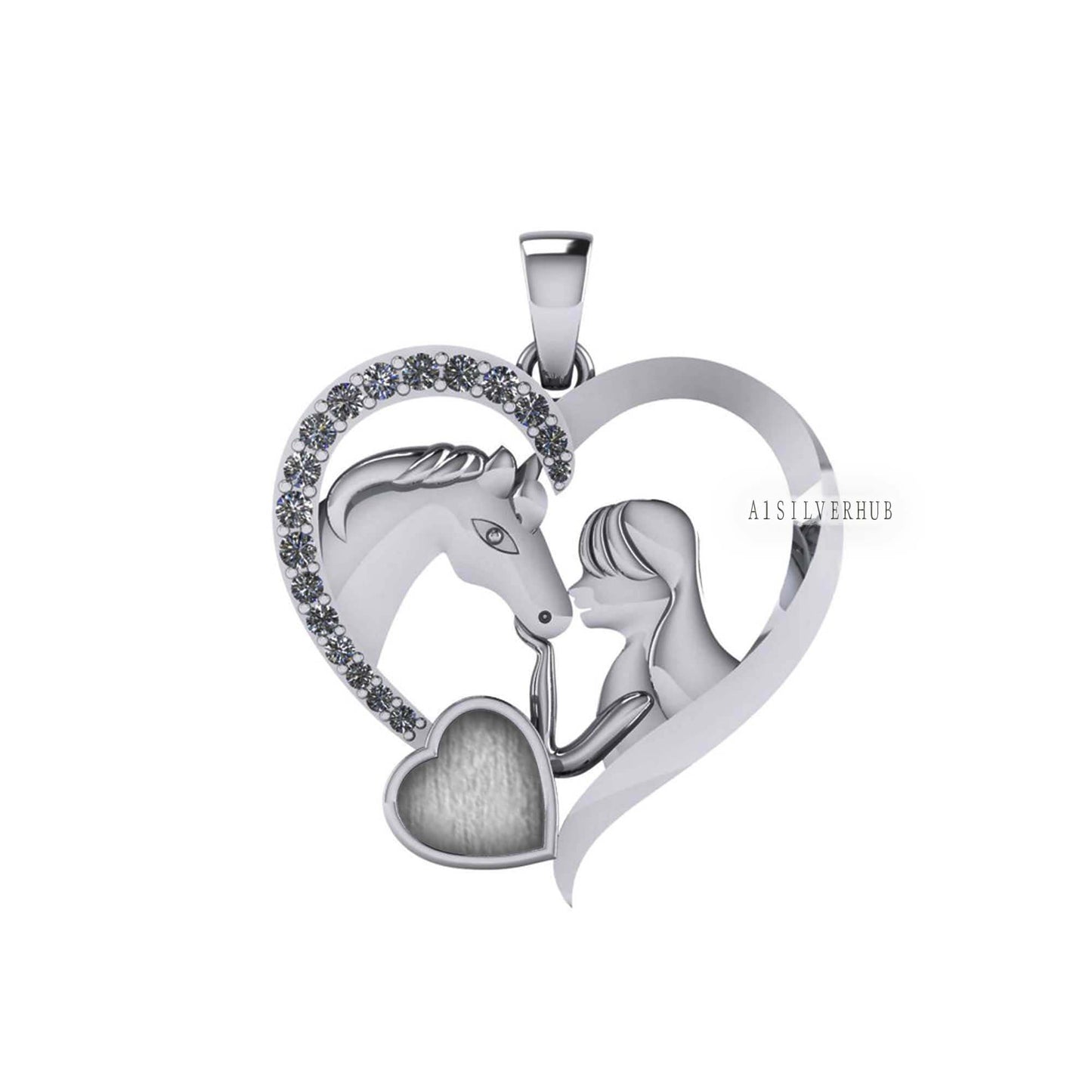 Luxury Girl with Horse Pendant for Women 6mm Blank Heart Zircon Setted, 925 Sterling Silver, Good for Resin & Ashes, Breastmilk/Keepsake DIY