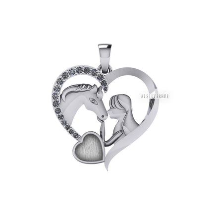 Luxury Girl with Horse Pendant for Women 6mm Blank Heart Zircon Setted, 925 Sterling Silver, Good for Resin & Ashes, Breastmilk/Keepsake DIY