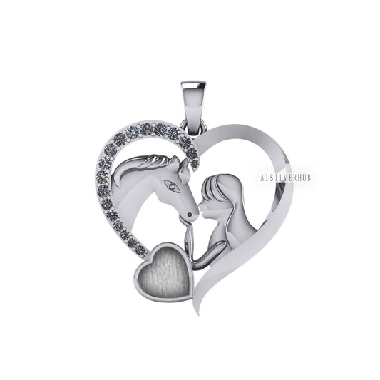 Luxury Girl with Horse Pendant for Women 6mm Blank Heart Zircon Setted, 925 Sterling Silver, Good for Resin & Ashes, Breastmilk/Keepsake DIY