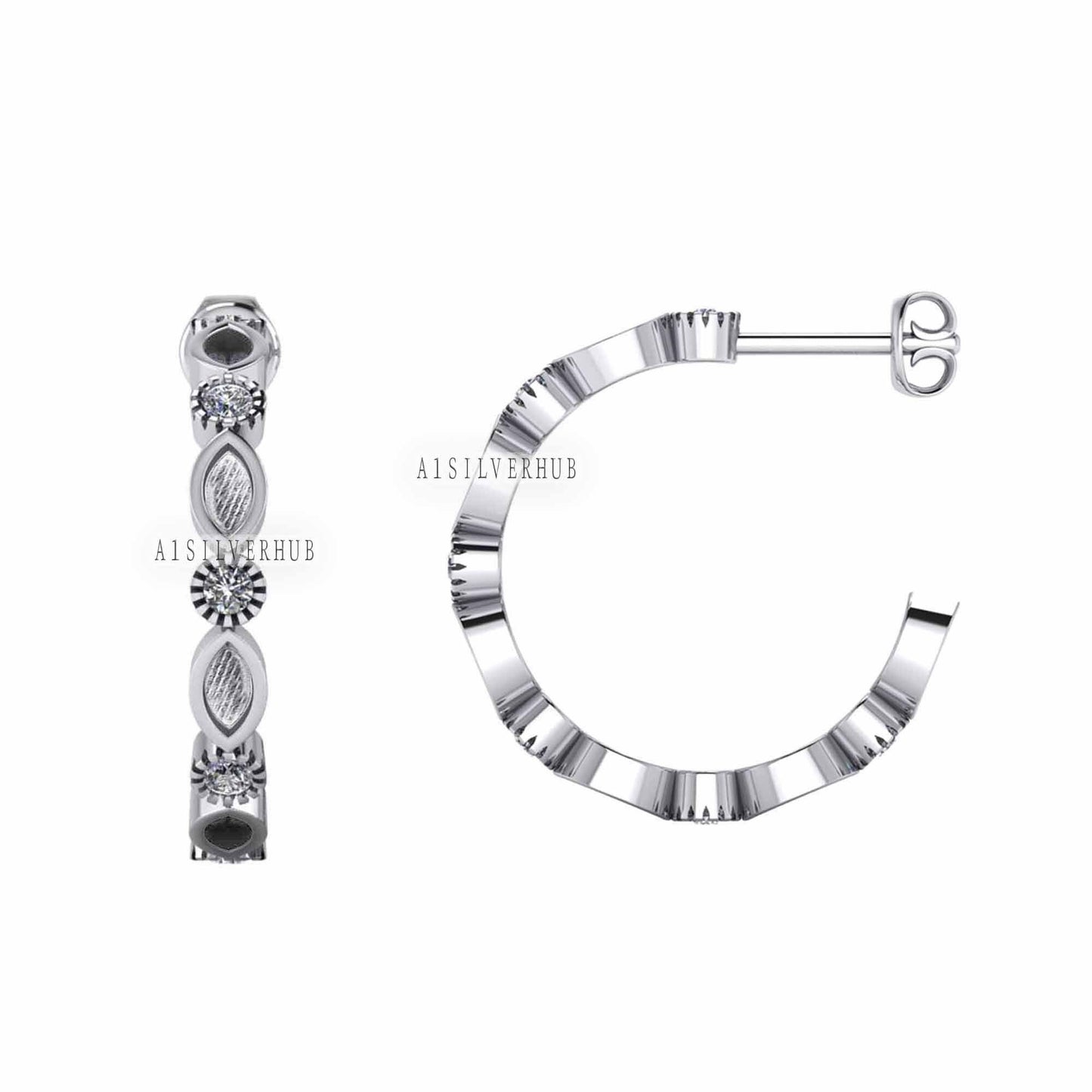 925 Sterling Solid Silver Marquise Blank Bezel with CZ Setted Eternity Hoop Earrings, Good for Resin & Ashes Keepsake/Breastmilk DIY Work